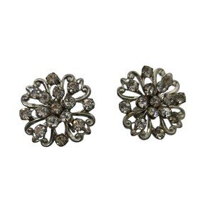Vintage Silver-Tone Rhinestone Floral Screw Back Formal Earrings MCM Clear